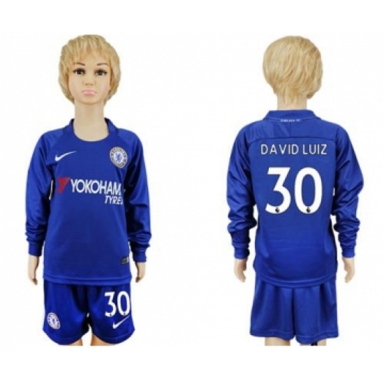Chelsea #30 David Luiz Home Long Sleeves Kid Soccer Club Jersey