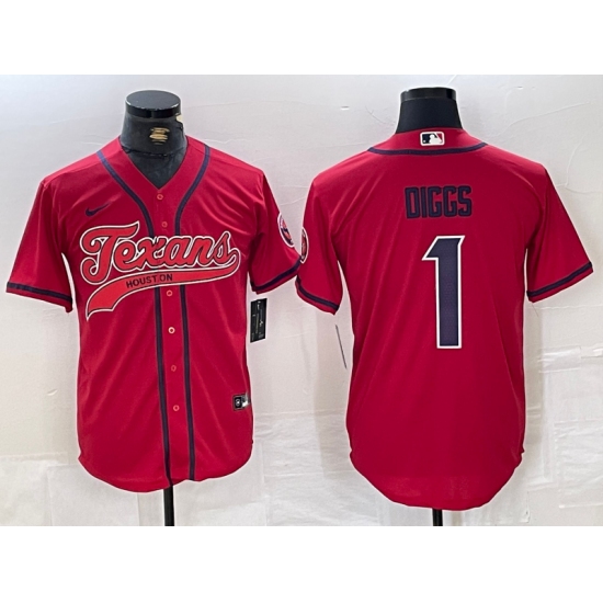 Men's Houston Texans #1 Stefon Diggs Red With Cool Base Stitched Baseball Jersey - Ujersey