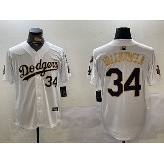 Men's Los Angeles Dodgers #34 Toro Valenzuela White Gold 2024 World Series With Fernando Memorial Limited Stitched Baseball Jerseys - Ujersey