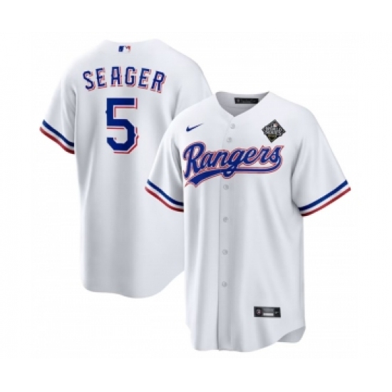 Men's Texas Rangers #5 Corey Seager White 2023 World Series Stitched Baseball Jersey - Ujersey