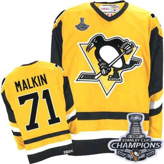 Men's CCM Pittsburgh Penguins #71 Evgeni Malkin Authentic Gold Throwback 2017 Stanley Cup Champions NHL Jersey - Ujersey