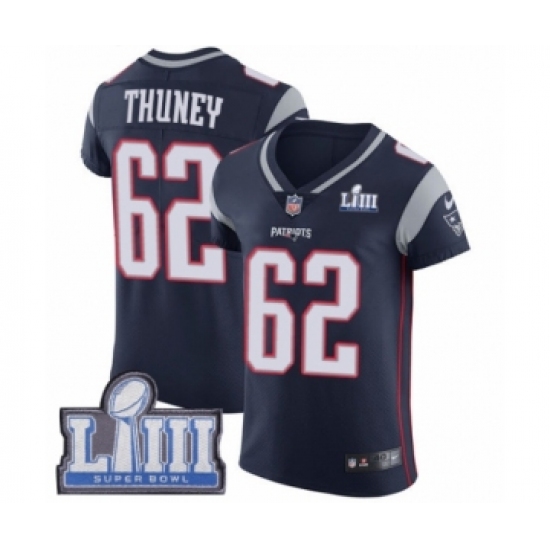 Men's Nike New England Patriots #62 Joe Thuney Navy Blue Team Color Vapor Untouchable Elite Player Super Bowl LIII Bound NFL Jersey - Ujersey