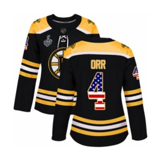 Women's Boston Bruins #4 Bobby Orr Authentic Black USA Flag Fashion 2019 Stanley Cup Final Bound Hockey Jersey - Ujersey