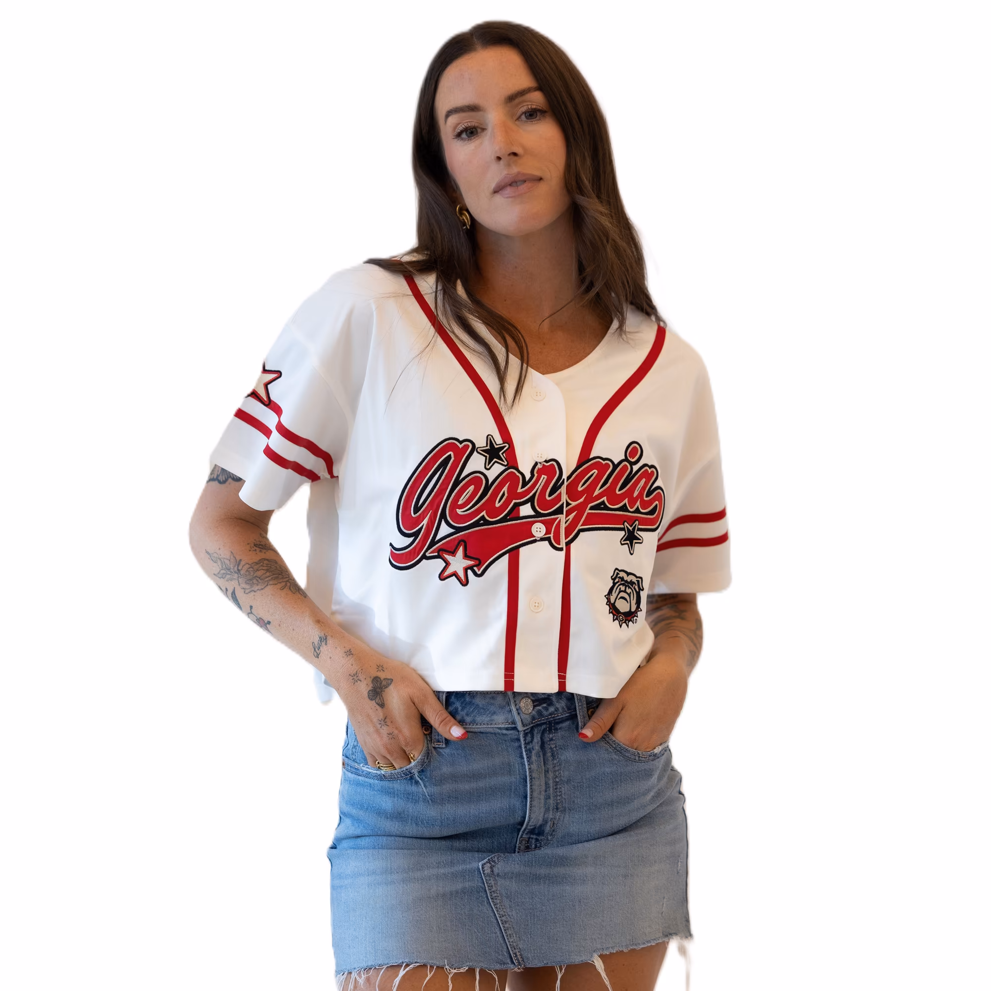 Women's Gameday Social Off White Georgia Bulldogs Cropped Patch Baseball Fashion Jersey - U-jersey