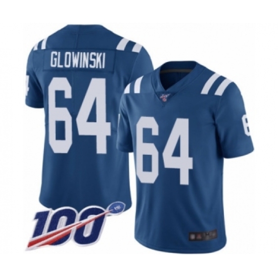Men's Indianapolis Colts #64 Mark Glowinski Royal Blue Team Color Vapor Untouchable Limited Player 100th Season Football Jersey - Ujersey