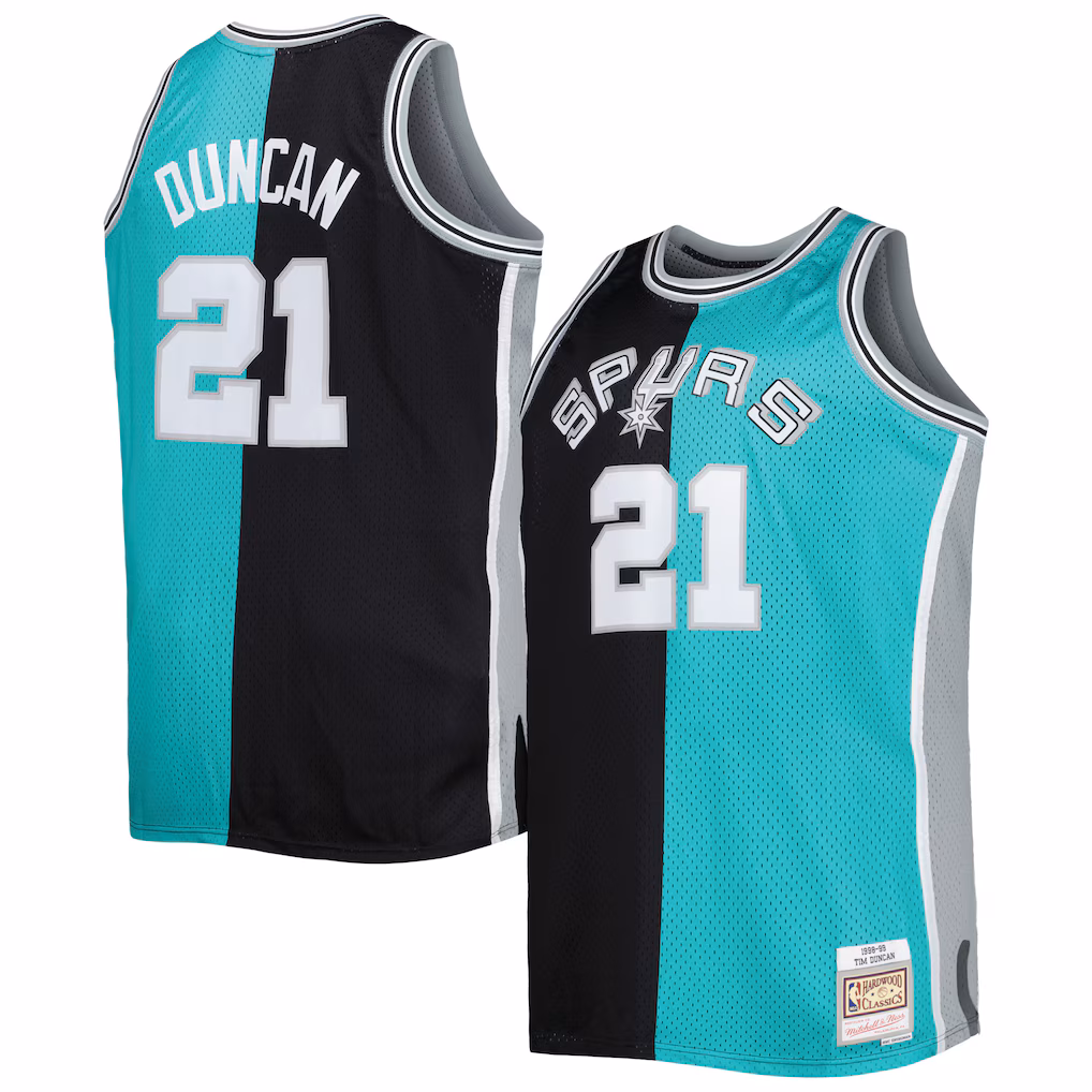 Men's San Antonio Spurs Mitchell & Ness Black/Teal Big & Tall Hardwood Classics 1998/99 Split Swingman Jersey - ujerseystore