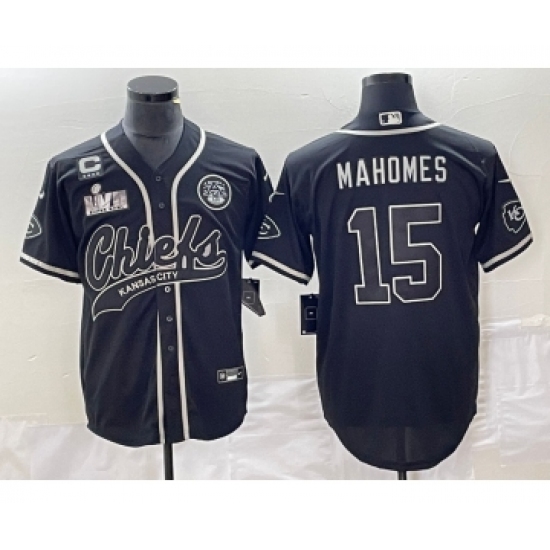 Men's Nike Kansas City Chiefs #15 Patrick Mahomes Black C Super Bowl LVII Cool Base Stitched Baseball Jersey - Ujersey