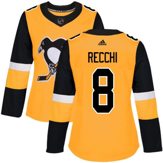 Women's Adidas Pittsburgh Penguins #8 Mark Recchi Authentic Gold Alternate NHL Jersey