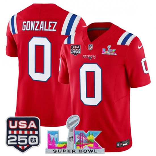 Men's New England Patriots #0 Christian Gonzalez Red 2025 F.U.S.E. Super Bowl LX And USA 250 Vapor Limited Football Stitched Jersey - ujerseystore