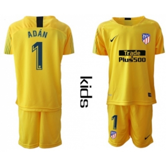 Atletico Madrid #1 Adan Yellow Goalkeeper Kid Soccer Club Jersey