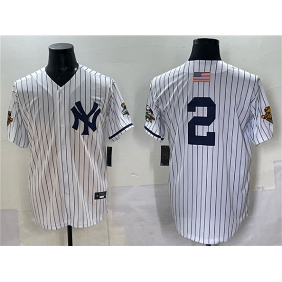 Men's New York Yankees #2 Derek Jeter White Strip World Series Limited Stitched Baseball Jersey - Ujersey