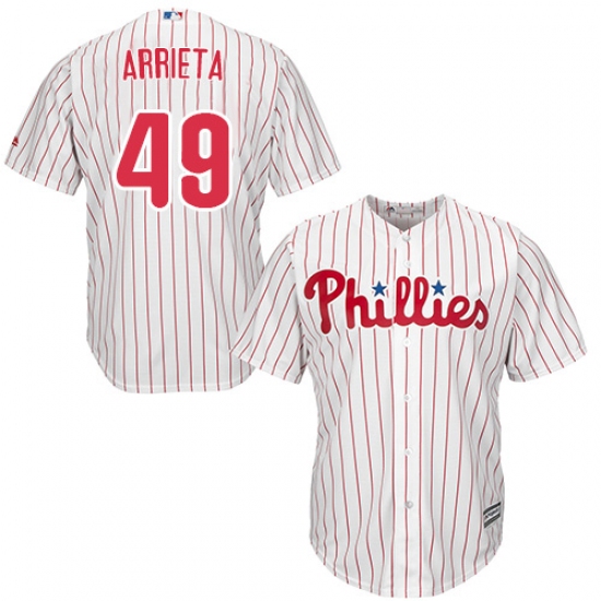 Men's Majestic Philadelphia Phillies #49 Jake Arrieta Replica White/Red Strip Home Cool Base MLB Jersey - Ujersey