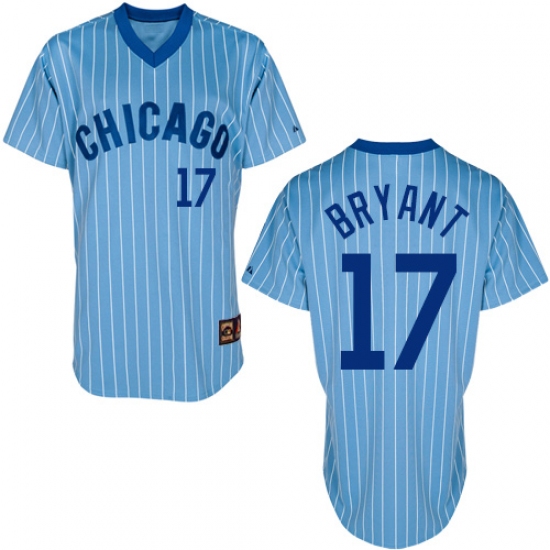 Men's Majestic Chicago Cubs #17 Kris Bryant Authentic Blue/White Strip Cooperstown Throwback MLB Jersey - Ujersey