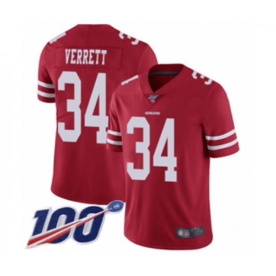 Youth San Francisco 49ers #34 Jason Verrett Red Team Color Vapor Untouchable Limited Player 100th Season Football Jersey - Ujersey