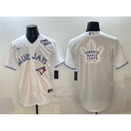 Men's Toronto Blue Jays & Leafs White 2025 World Series With White Leafs Logo Cool Base Stitched Baseball Jersey - Ujersey
