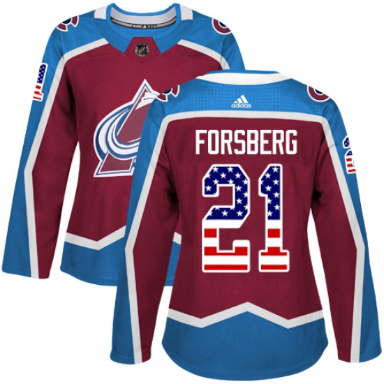 Women's Adidas Colorado Avalanche #21 Peter Forsberg Authentic Burgundy Red USA Flag Fashion NHL Jersey - Ujersey