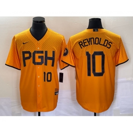Men's Nike Pittsburgh Pirates #10 Bryan Reynolds Number Gold 2023 City Connect Stitched Jersey1 - Ujersey