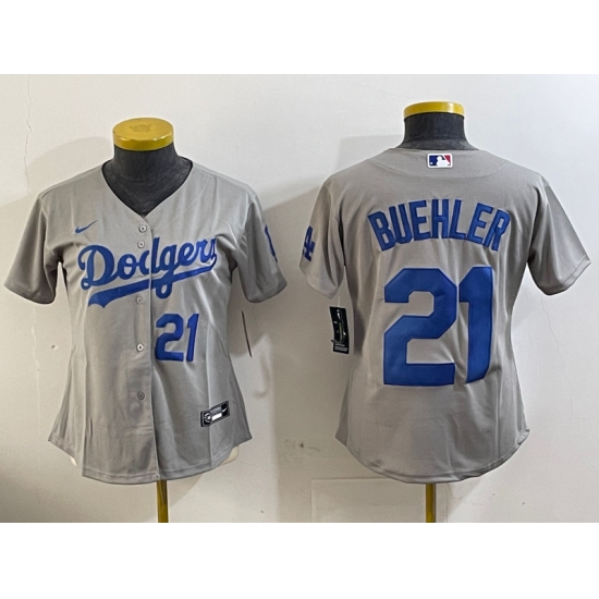 Women's Los Angeles Dodgers #21 Walker Buehler Number Grey Stitched Cool Base Nike Jerseys - Ujersey