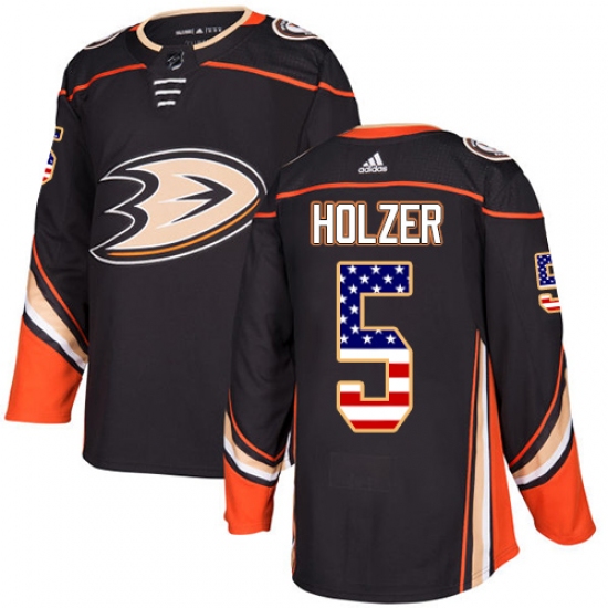 Men's Adidas Anaheim Ducks #5 Korbinian Holzer Authentic Black USA Flag Fashion NHL Jersey - Ujersey