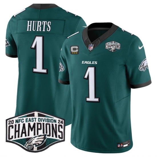 Men's Philadelphia Eagles #1 Jalen Hurts Green 2024 New NFC East Champions With 3-Star C F.U.S.E. Vapor Untouchable Limited Stitched Football Jersey