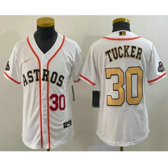 Youth Houston Astros #30 Kyle Tucker Number 2023 White Gold World Serise Champions Cool Base Stitched Jersey - Ujersey