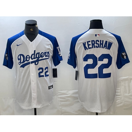 Men's Los Angeles Dodgers #22 Clayton Kershaw Number White Blue Fashion Stitched Cool Base Limited Jerseys - Ujersey