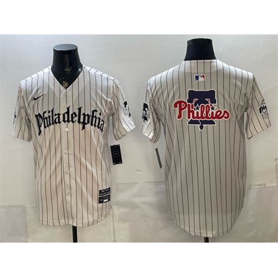 Men's Philadelphia Phillies Team Big Logo Cream Pinstripe Gothic Vapor Limited Stitched Jersey