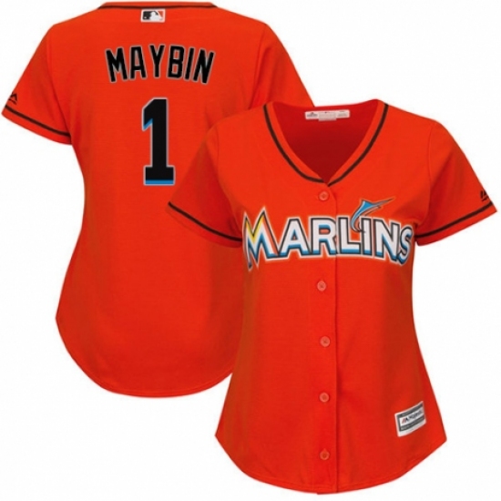 Women's Majestic Miami Marlins #1 Cameron Maybin Authentic Orange Alternate 1 Cool Base MLB Jersey - Ujersey