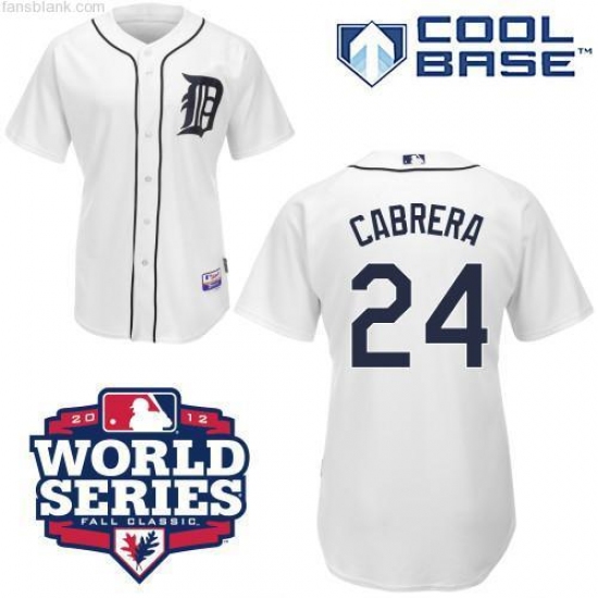 Men's Majestic Detroit Tigers #24 Miguel Cabrera Replica White 2012 World Series Patch MLB Jersey - Ujersey