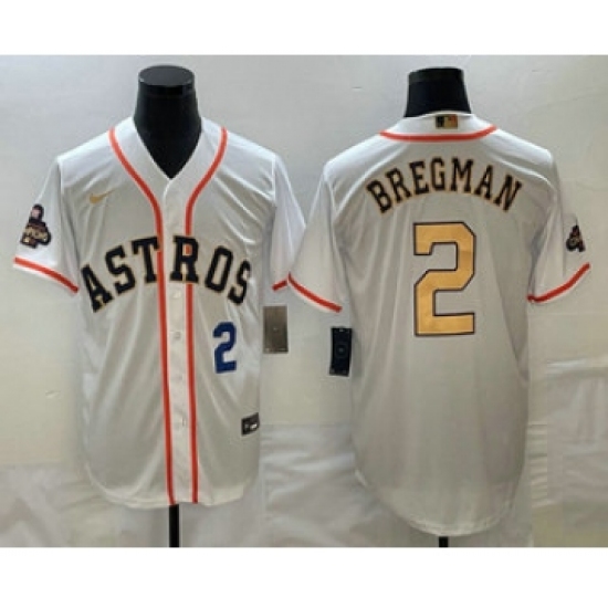 Mens Houston Astros #2 Alex Bregman Number 2023 White Gold World Serise Champions Cool Base Stitched Jersey - Ujersey