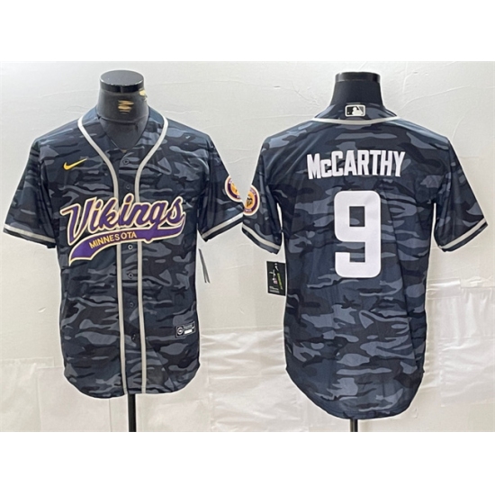 Men's Minnesota Vikings #9 J.J. McCarthy Gray Camo Cool Base Stitched Baseball Jersey - Ujersey