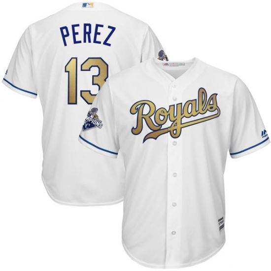 Youth Majestic Kansas City Royals #13 Salvador Perez Authentic White 2015 World Series Champions Gold Program Cool Base MLB Jersey - Ujersey