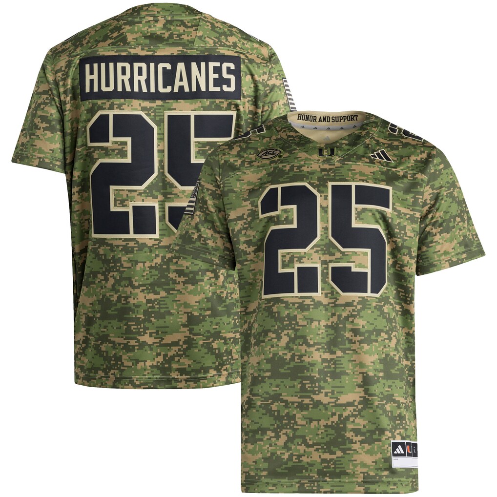 Men's adidas #25 Camo Miami Hurricanes Honor & Support Premier Strategy Jersey - U-jersey