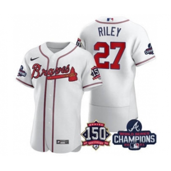 Men's Atlanta Braves #27 Austin Riley 2021 White World Series Champions With 150th Anniversary Flex Base Stitched Jersey - Ujersey