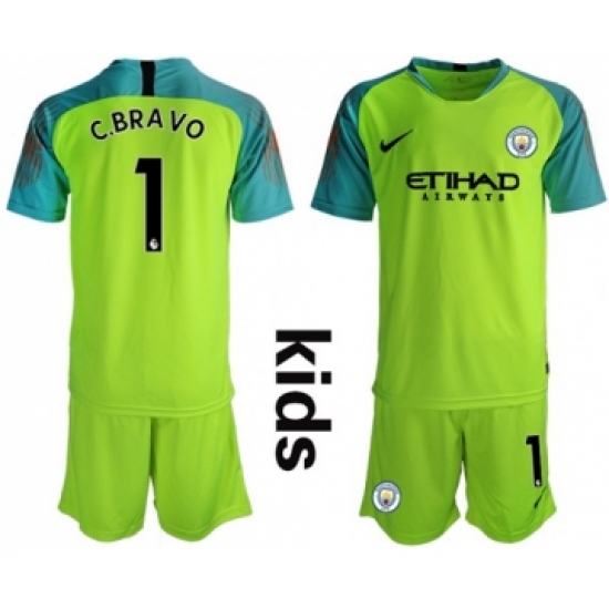 Manchester City #1 C.Bravo Shiny Green Goalkeeper Kid Soccer Club Jersey