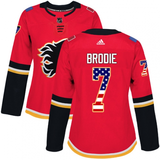 Women's Adidas Calgary Flames #7 TJ Brodie Authentic Red USA Flag Fashion NHL Jersey - Ujersey