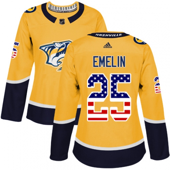 Women's Adidas Nashville Predators #25 Alexei Emelin Authentic Gold USA Flag Fashion NHL Jersey - Ujersey