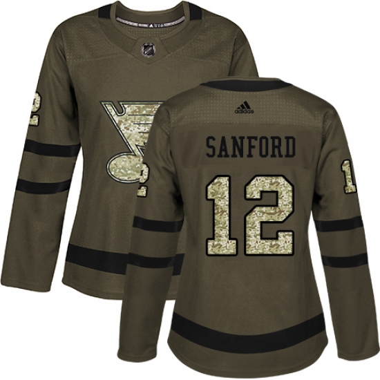 Women's Adidas St. Louis Blues #12 Zach Sanford Authentic Green Salute to Service NHL Jersey - Ujersey