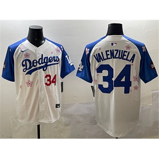 Men's Los Angeles Dodgers #34 Fernando Valenzuela White Royal 2025 Tokyo Series Limited Stitched Baseball Jersey - Ujersey