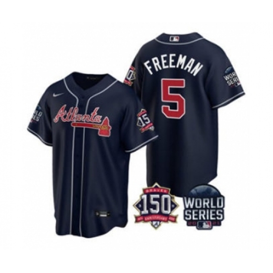 Men's Atlanta Braves #5 Freddie Freeman 2021 Navy World Series With 150th Anniversary Patch Cool Base Baseball Jersey - Ujersey