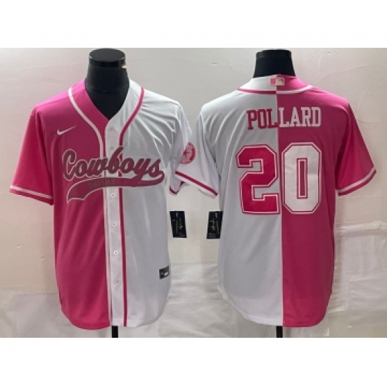 Men's Nike Dallas Cowboys #20 Tony Pollard Pink White Split Cool Base Stitched Baseball Jersey - Ujersey