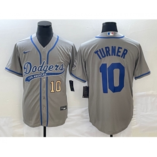 Men's Los Angeles Dodgers #10 Justin Turner Number Grey Cool Base Stitched Baseball Jersey - Ujersey