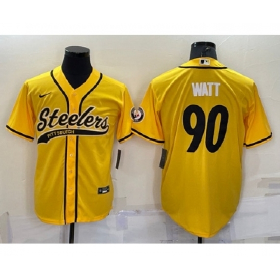 Men's Pittsburgh Steelers #90 T.J. Watt Gold With Patch Cool Base Stitched Baseball Jersey - Ujersey