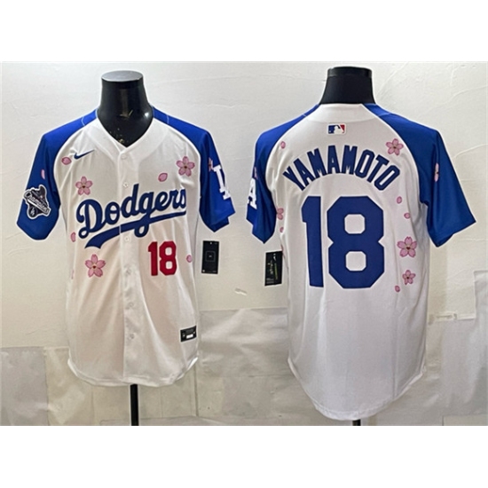 Men's Los Angeles Dodgers #18 Yoshinobu Yamamoto White Royal 2025 World Series Champions Tokyo Series Limited Stitched Baseball Jersey