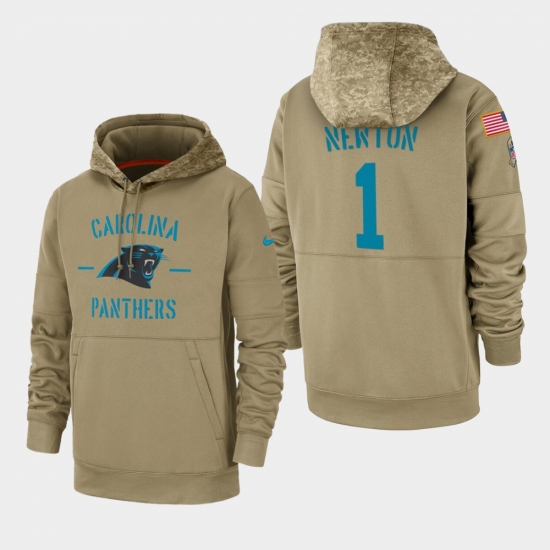 Men's Carolina Panthers #1 Cam Newton 2019 Salute to Service Sideline Therma Pullover Hoodie - Tan - Ujersey