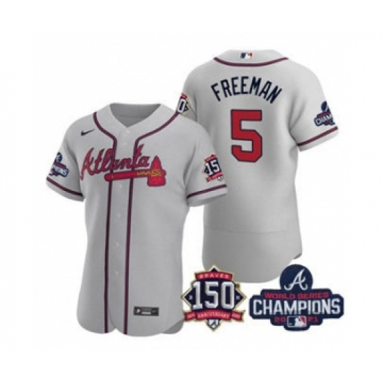 Men's Atlanta Braves #5 Freddie Freeman 2021 Gray World Series Champions With 150th Anniversary Flex Base Stitched Jersey - Ujersey