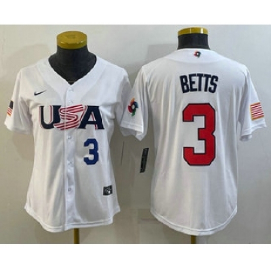 Women's USA Baseball #3 Mookie Betts Number 2023 White World Classic Replica Stitched Jersey