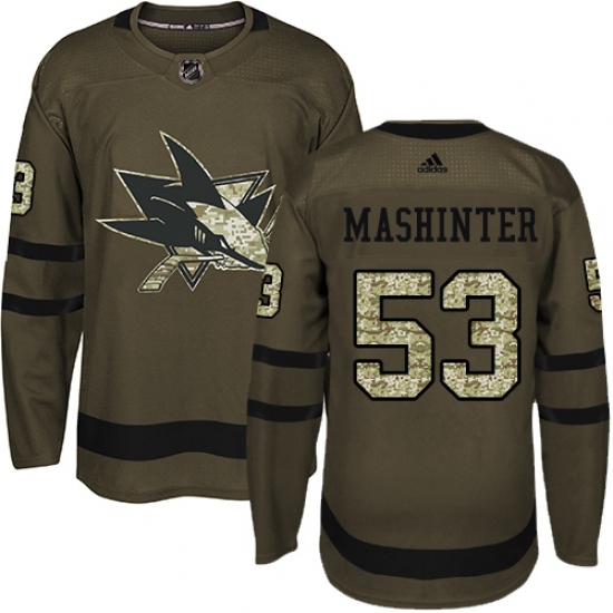 Men's Adidas San Jose Sharks #53 Brandon Mashinter Authentic Green Salute to Service NHL Jersey - Ujersey