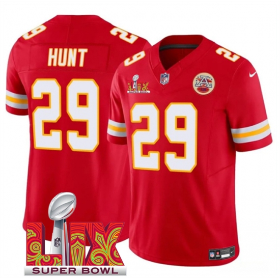 Men's Kansas City Chiefs #29 Kareem Hunt Red 2025 Super Bowl LIX F.U.S.E. Vapor Limited Stitched Football Jersey