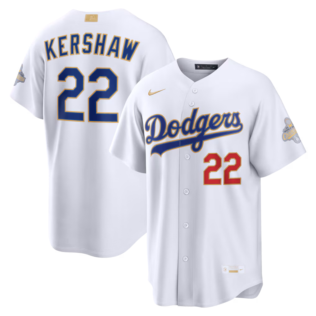 Men's Los Angeles Dodgers Clayton Kershaw Nike White 2026 Gold Collection Stadium Jersey - Vujersey Los Angeles Rams